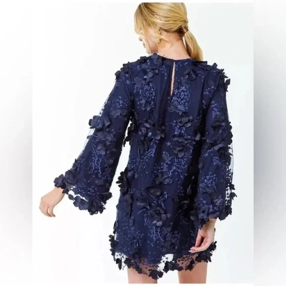 Mestiza New York The Flora A-Line Mini Dress Navy‎ Blue Long Flare Sleeve Med
